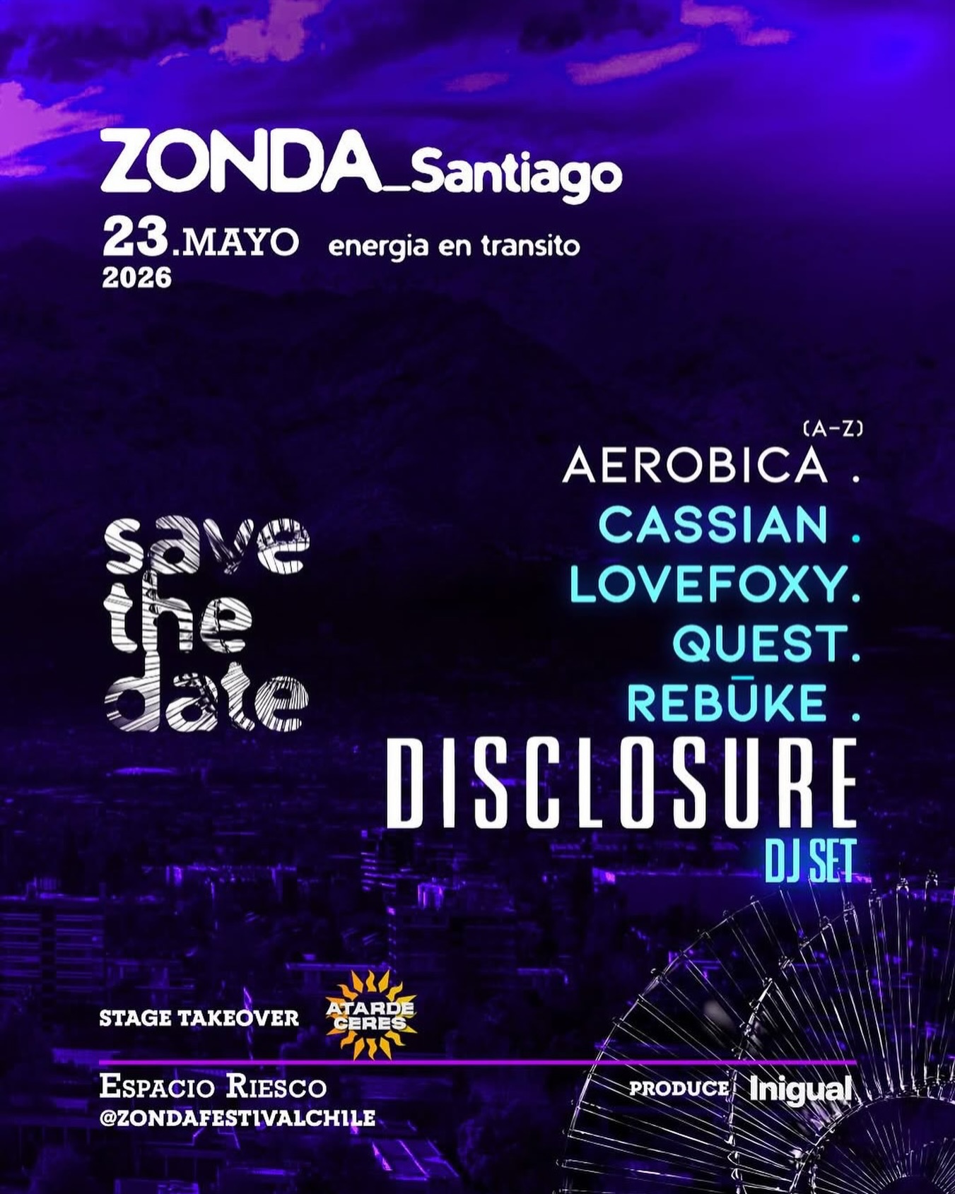 Desde la productora @inigualcl anunciaron el cartel del Festival Zonda Santiago, donde @disclosure es parte de la alineación que marca el regreso de los hermanos Lawrence a nuestro país 🪩

📌 La cita está programada para el 23 de mayo en Espacio Riesco y el festival contará con 4 escenarios y 12 horas de música electrónica.

Por su parte, el duo inglés no se ha pronunciado en su cuenta oficial con fechas en latinoamérica (solo en méxico entre el 14 y 16 de mayo en su sitio web), por lo que estamos a la espera de su confirmación.

🎫 Las entradas ya se encuentran disponibles por sistema @passline_oficial oficial (Preventa agotada).

#Disclosure