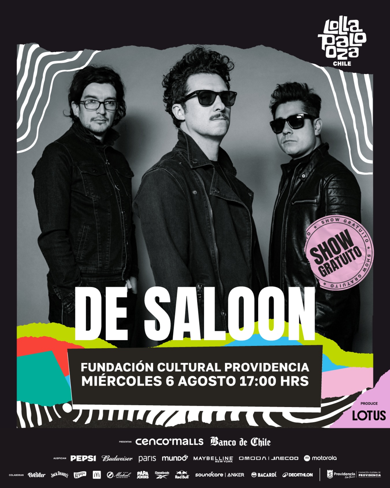 @desaloon_oficial se suma a los show gratuitos en la previa de Lollapalooza Chile 2026. Este miércoles desde las 17:00 horas, la banda nacional se presentará en  la Fundación Cultural de Providencia para repasar todos sus éxitos que marcaron la primera década del 2000 🎸

La iniciativa ya tuvo una exitosa primera fecha en el Parque de la Aviación de Providencia, donde Gepe convocó a más de 6 mil personas, las cuales disfrutaron de hits como “Ser Amigos”, “Hablar de Ti”, “Fruta y Té”, “Bomba Chaya”, entre otros.

A través de sus eventos gratuitos, el festival extiende su propuesta más allá de sus escenarios, entregando conciertos, actividades culturales y experiencias interactivas en espacios abiertos al público.

🎫 Mientras tanto, prepárate para la preventa de Lollapalooza Chile 2026 de este 12 agosto con descuentos exclusivos de @bancodechilestage y @cencomallscl
Revisa los precios en @ticketmastercl 

Produce: @lotuscl 

@lollapaloozacl 

#LollapaloozaChile #DeSaloon