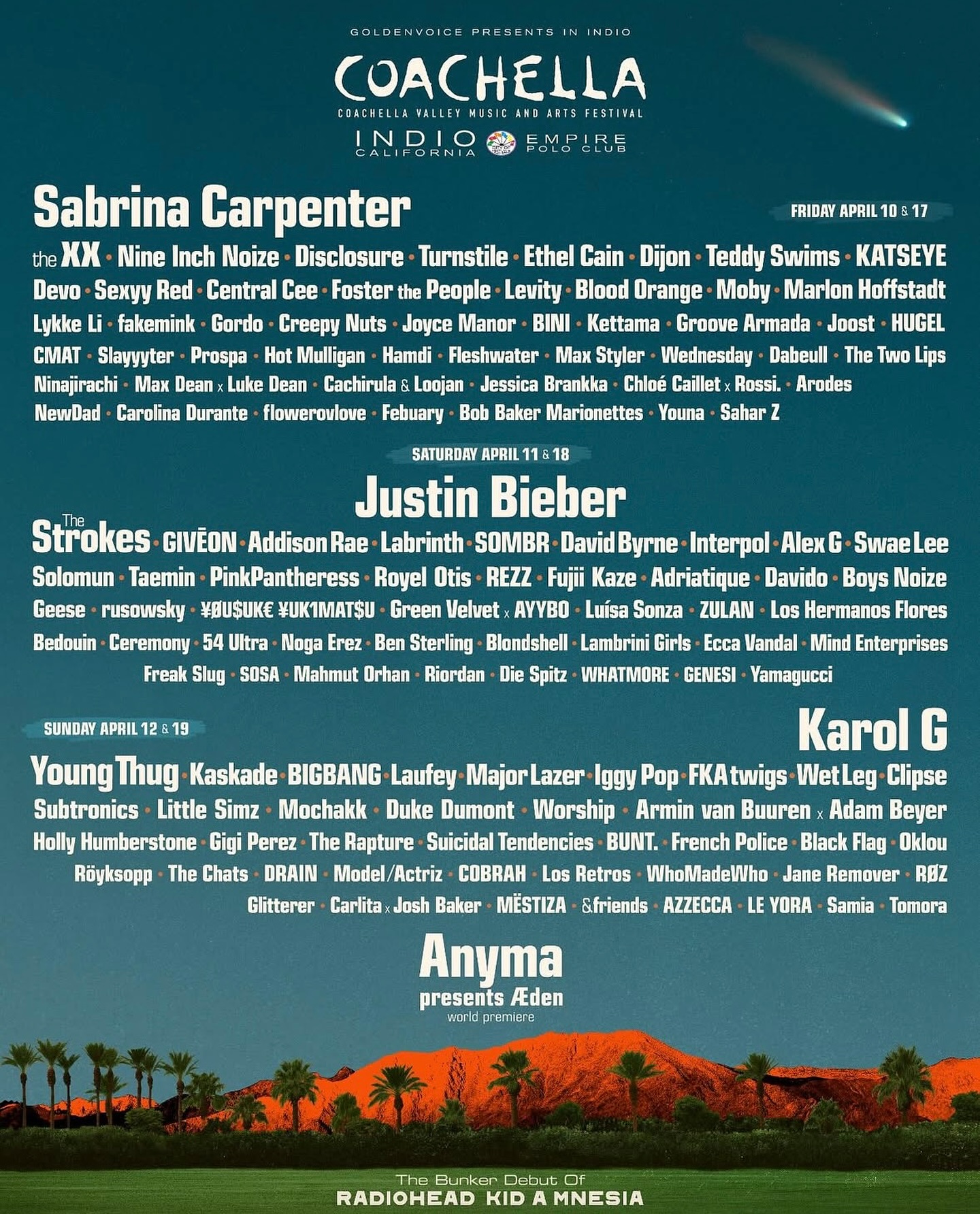 Lineup Coachella 2026 🎡
Liderado por Sabrina Carpenter, Justin Bieber y Karol G, el festival anunció su cartel que se realizará el segundo y tercer fin de semana del mes de abril.
#Coachella