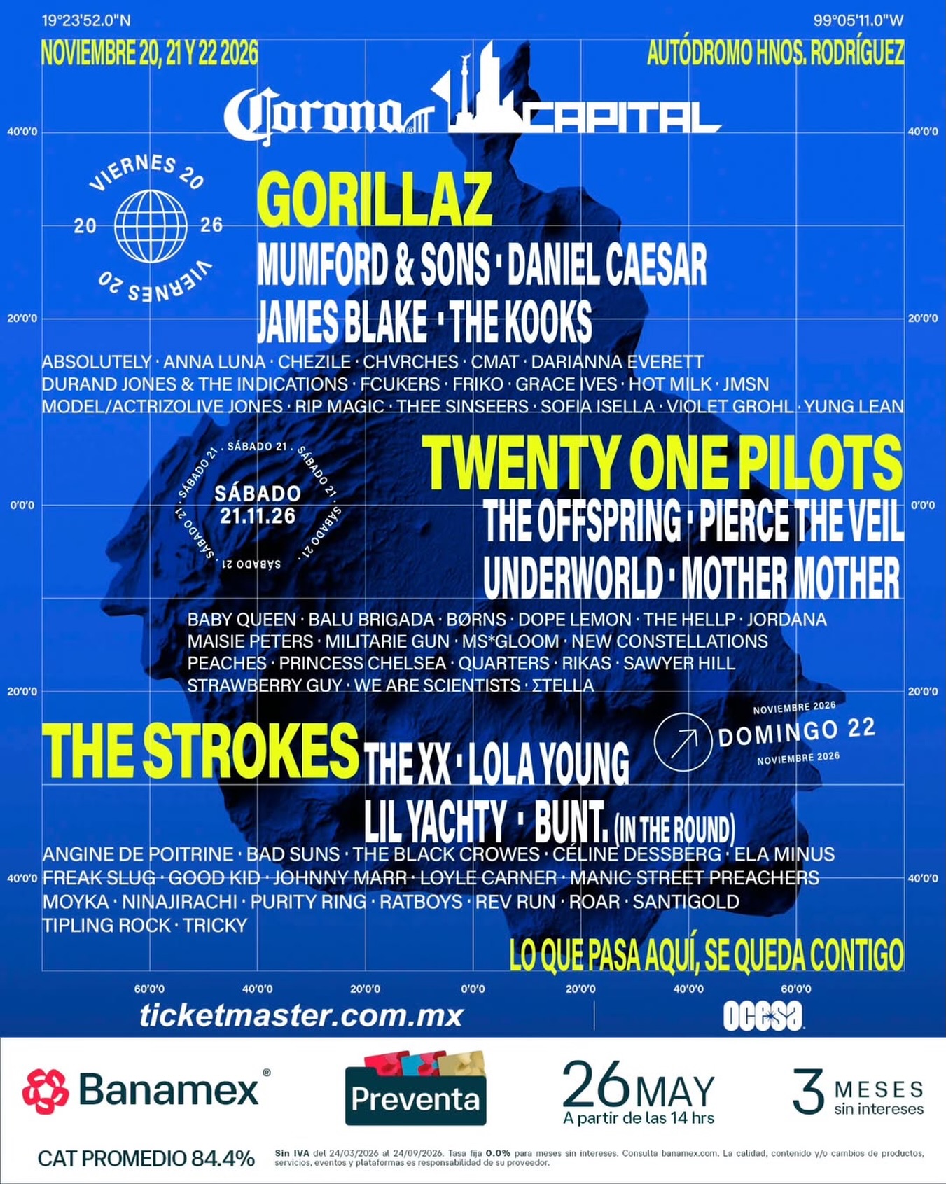 Lineup de Corona Capital de México 2026 🇲🇽

Es un fin de semana antes que @faunaprimaverafest 👀, de seguro tendremos a algunos artistas de ese cartel en nuestras tierras 

¿Quienes creen que vengan?

#CoronaCapital